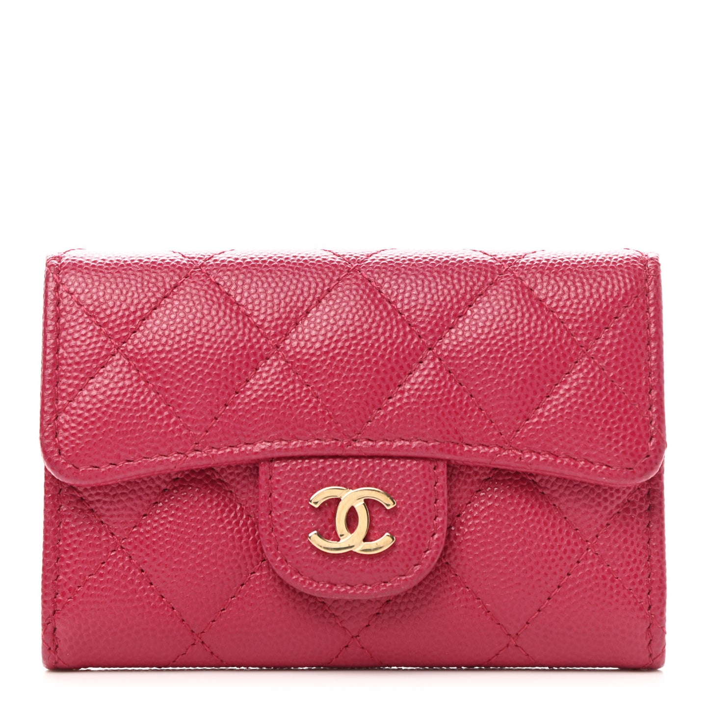 Caviar Quilted Flap Card Holder Wallet Dark Pink