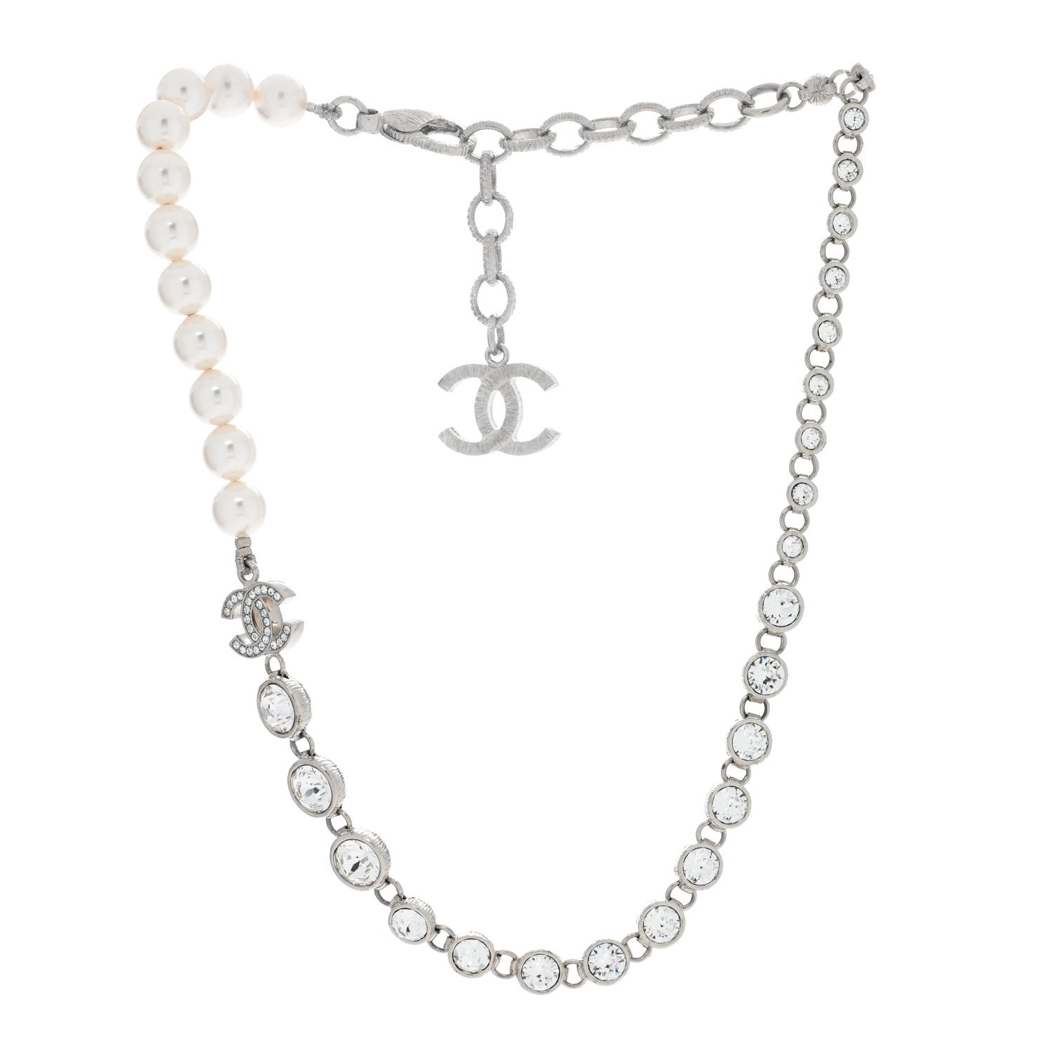 Chanel Pearl Crystal CC Choker Necklace Silver 3 of 4