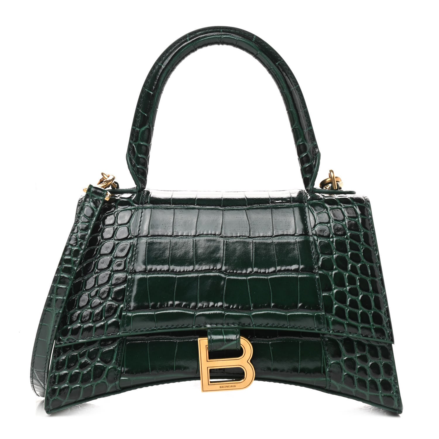 Balenciaga Shiny Calfskin Crocodile Embossed Small Hourglass Top Handle Bag Forest Green 1 of 8