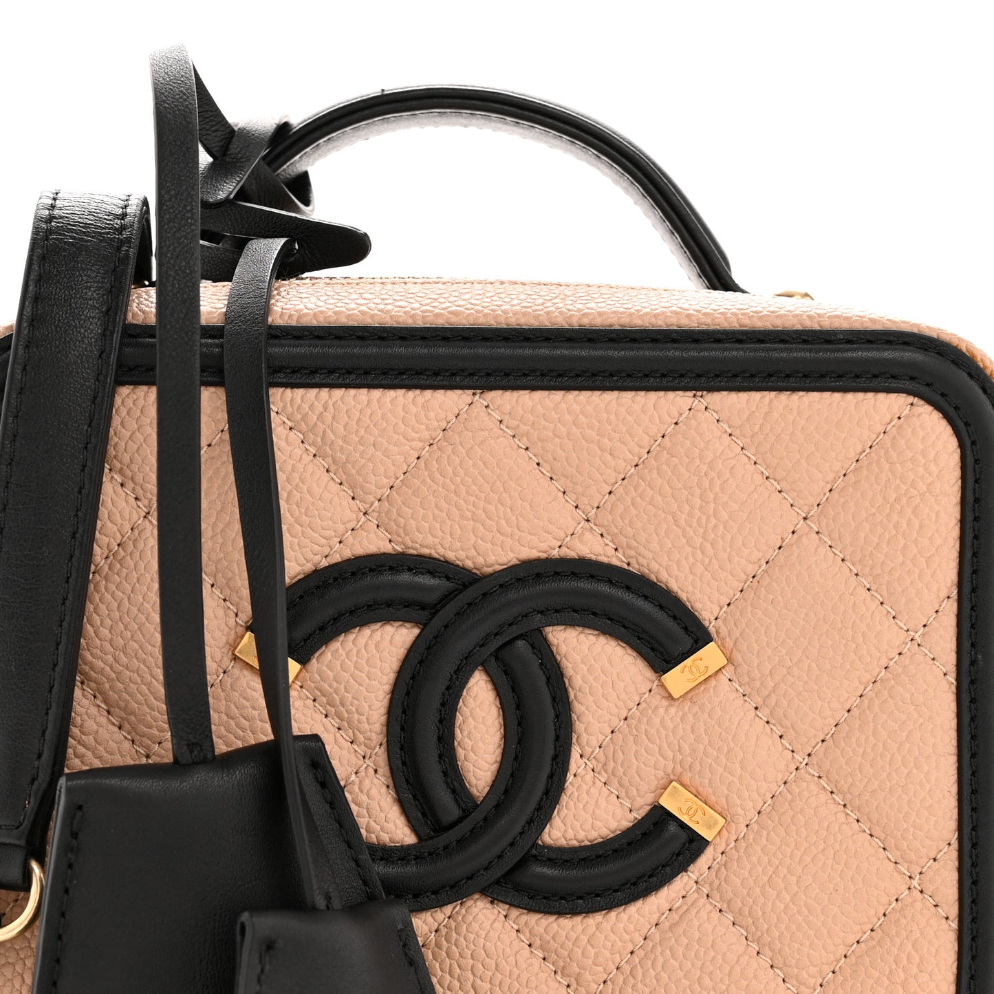Caviar Quilted Small CC Filigree Vanity Case Beige Black
