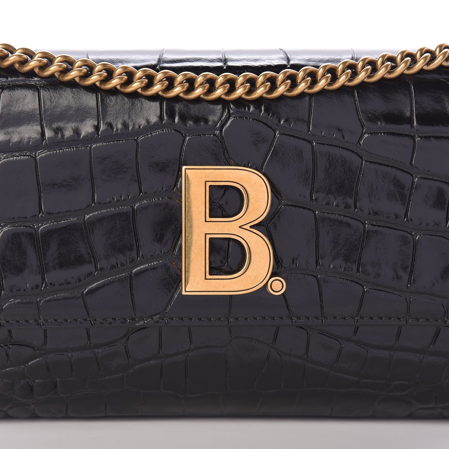 Shiny Calfskin Crocodile Embossed B Continental Chain Bag Black