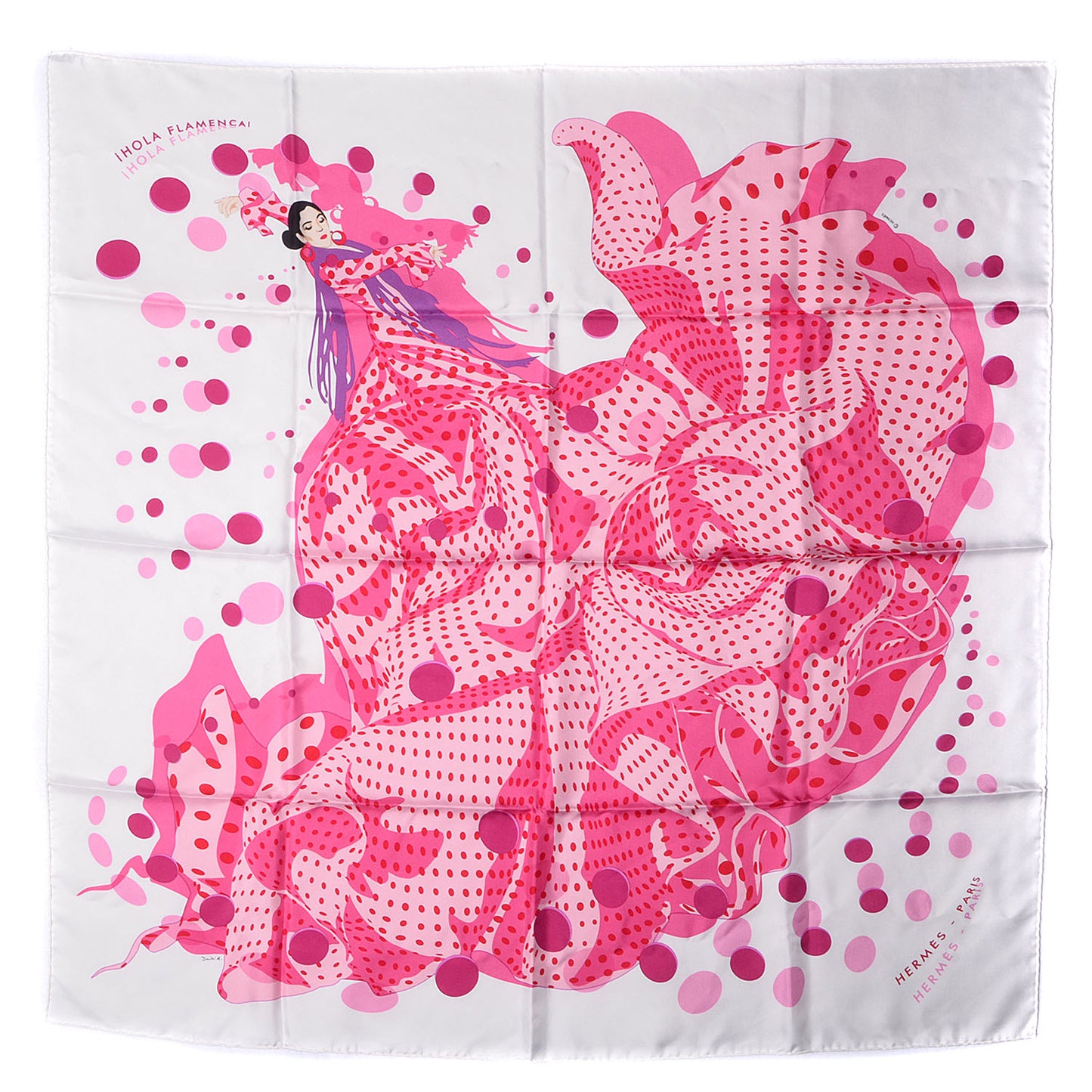 Silk Hola Flamenca Scarf 90 Blanc Rose Fuchsia