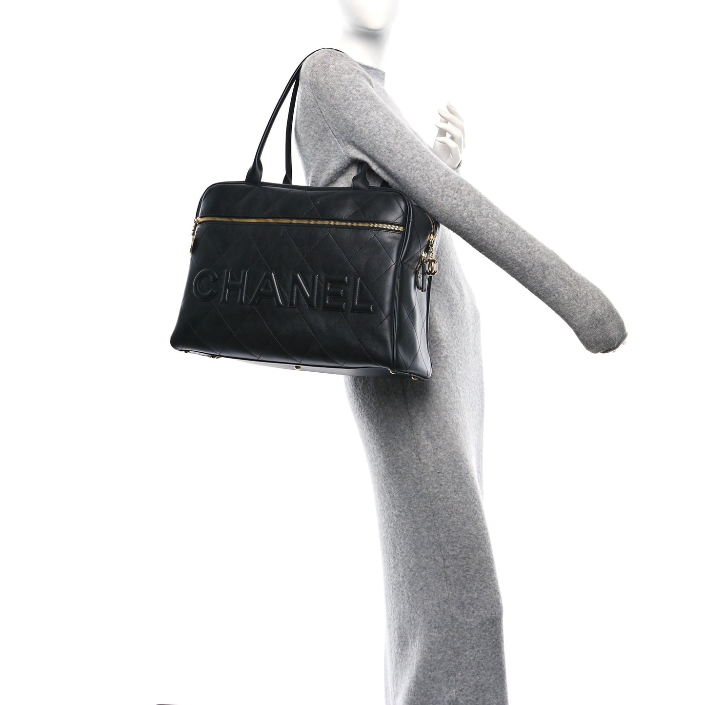Calfskin Stitched Maxi Logo Bowling Bag Black