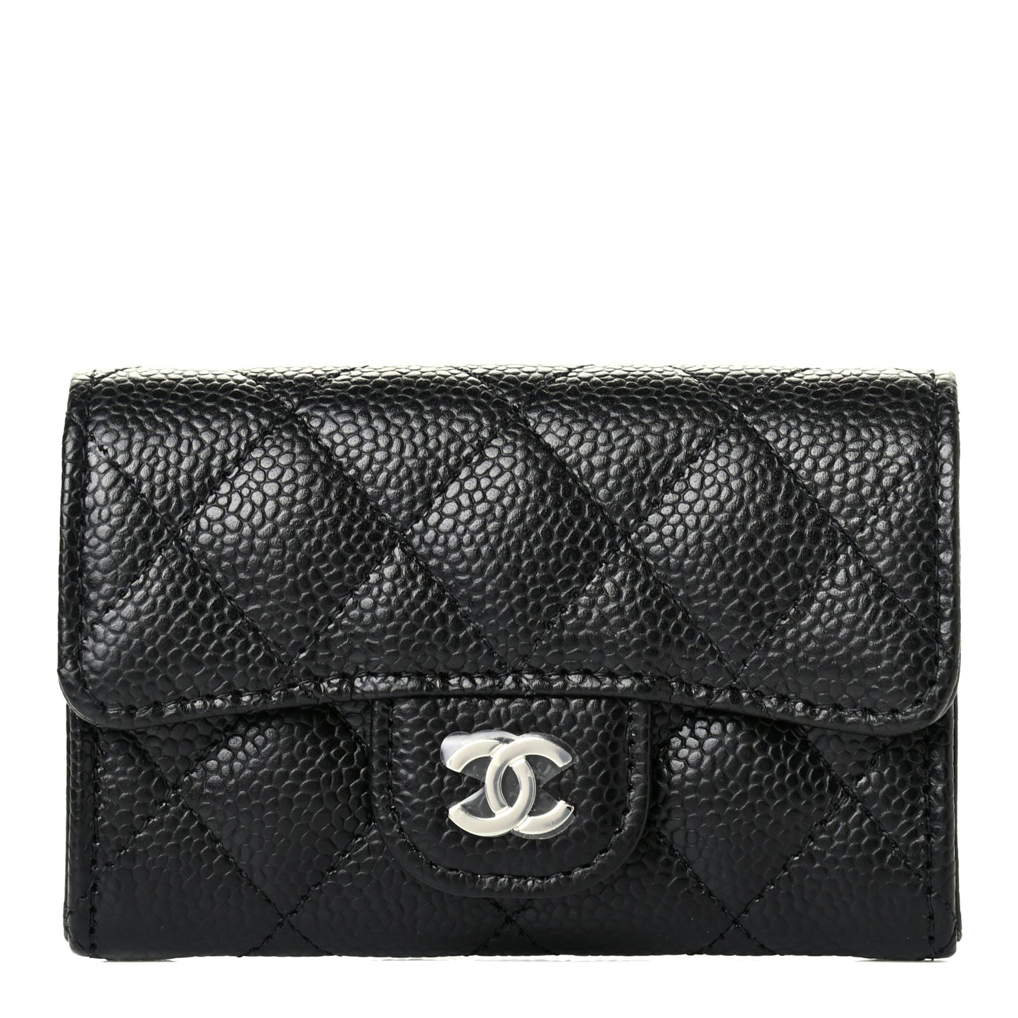 Caviar Quilted Flap Card Holder Wallet Black
