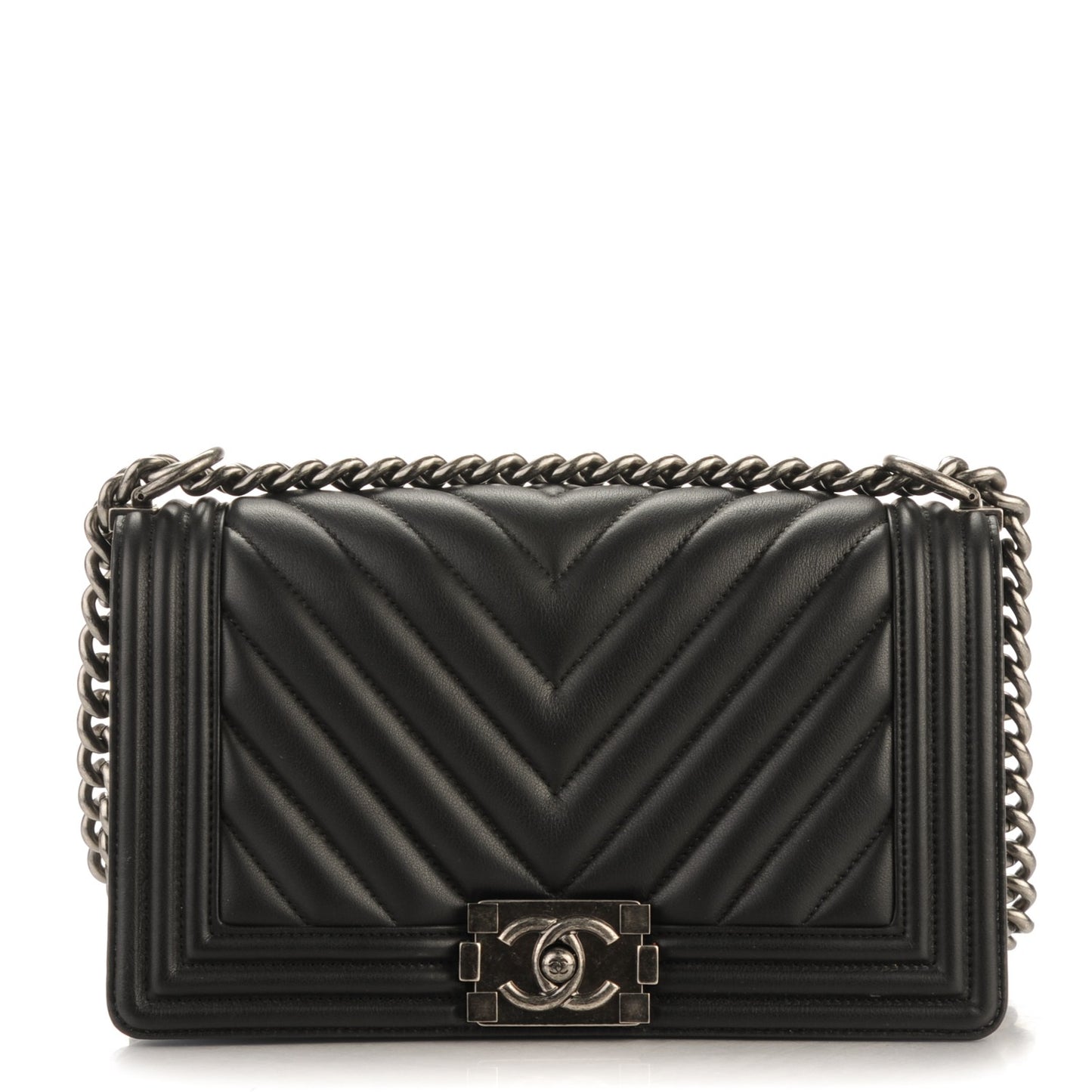 Calfskin Chevron Quilted Medium Boy Flap Black