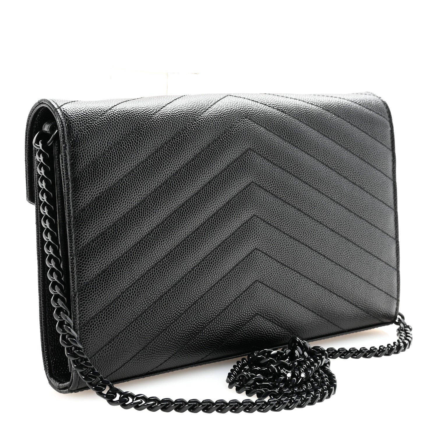 Saint Laurent Grain De Poudre Matelasse Chevron Monogram Monochrome Chain Wallet Black 3 of 10