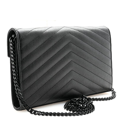 Saint Laurent Grain De Poudre Matelasse Chevron Monogram Monochrome Chain Wallet Black 3 of 10