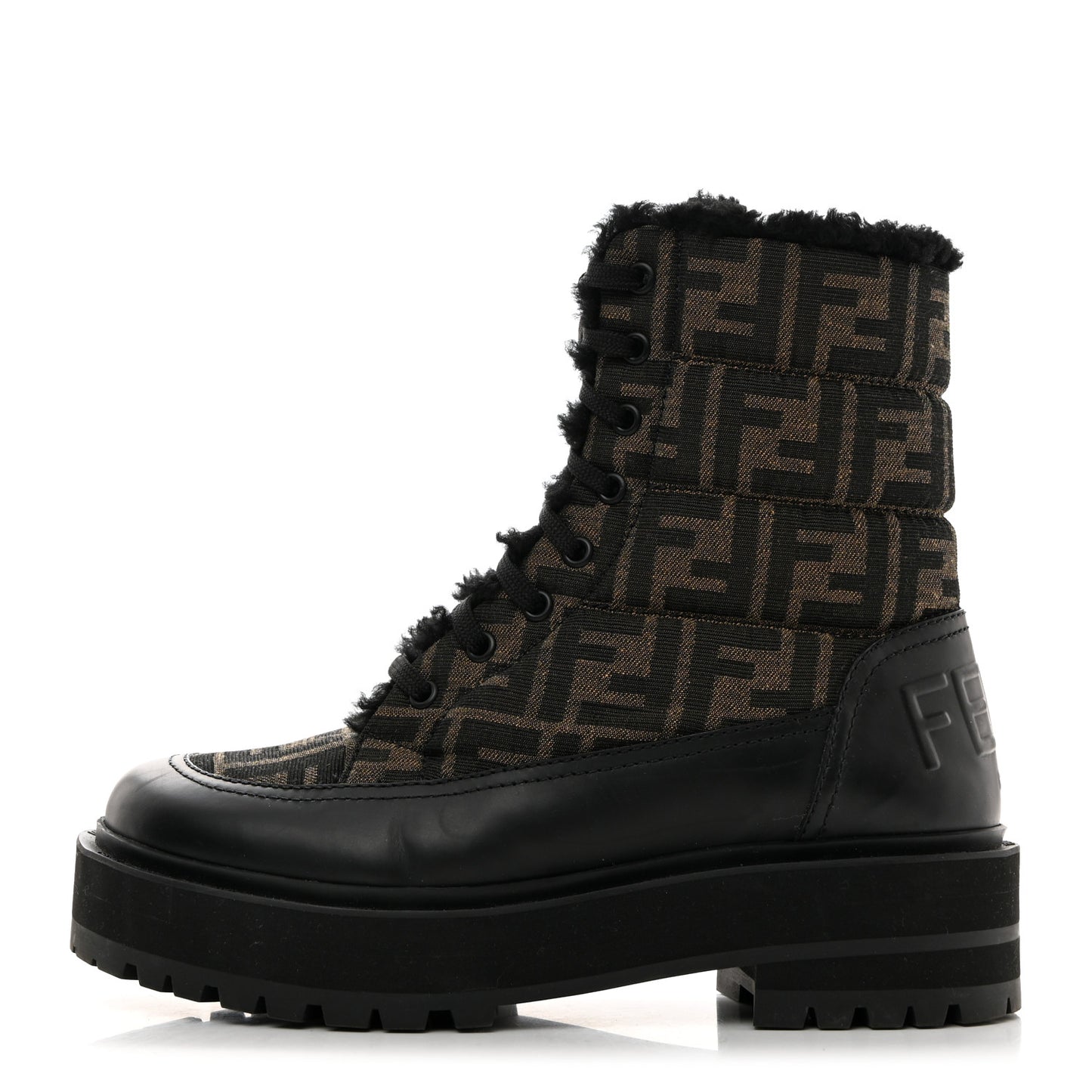 Vitello Nylon Jacquard Fabric FF Signature Biker Boots 39 Black Tobacco