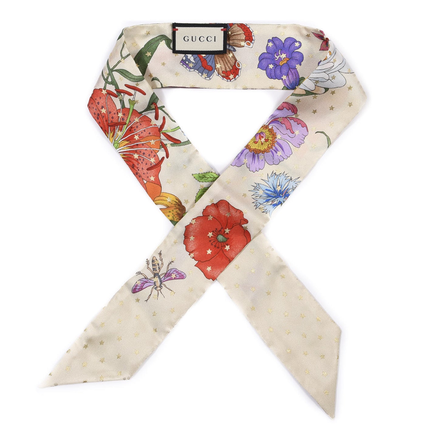Twill Silk Flora Star Print Neck Bow Scarf Ivory