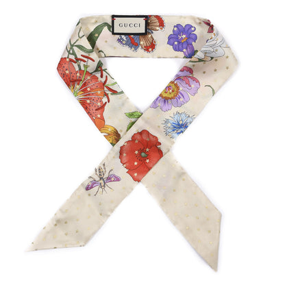 Gucci Twill Silk Flora Star Print Neck Bow Scarf Ivory 1 of 3
