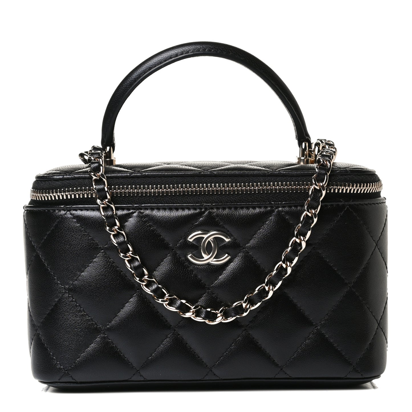 Lambskin Quilted Small Top Handle Vanity Case With Chain Black