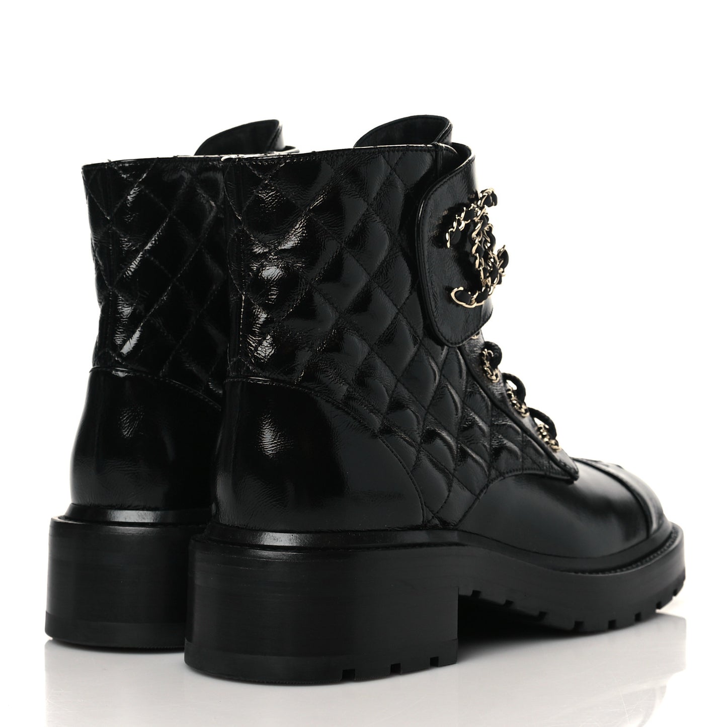 Shiny Calfskin Quilted Lace Up Combat Boots 37.5 Black