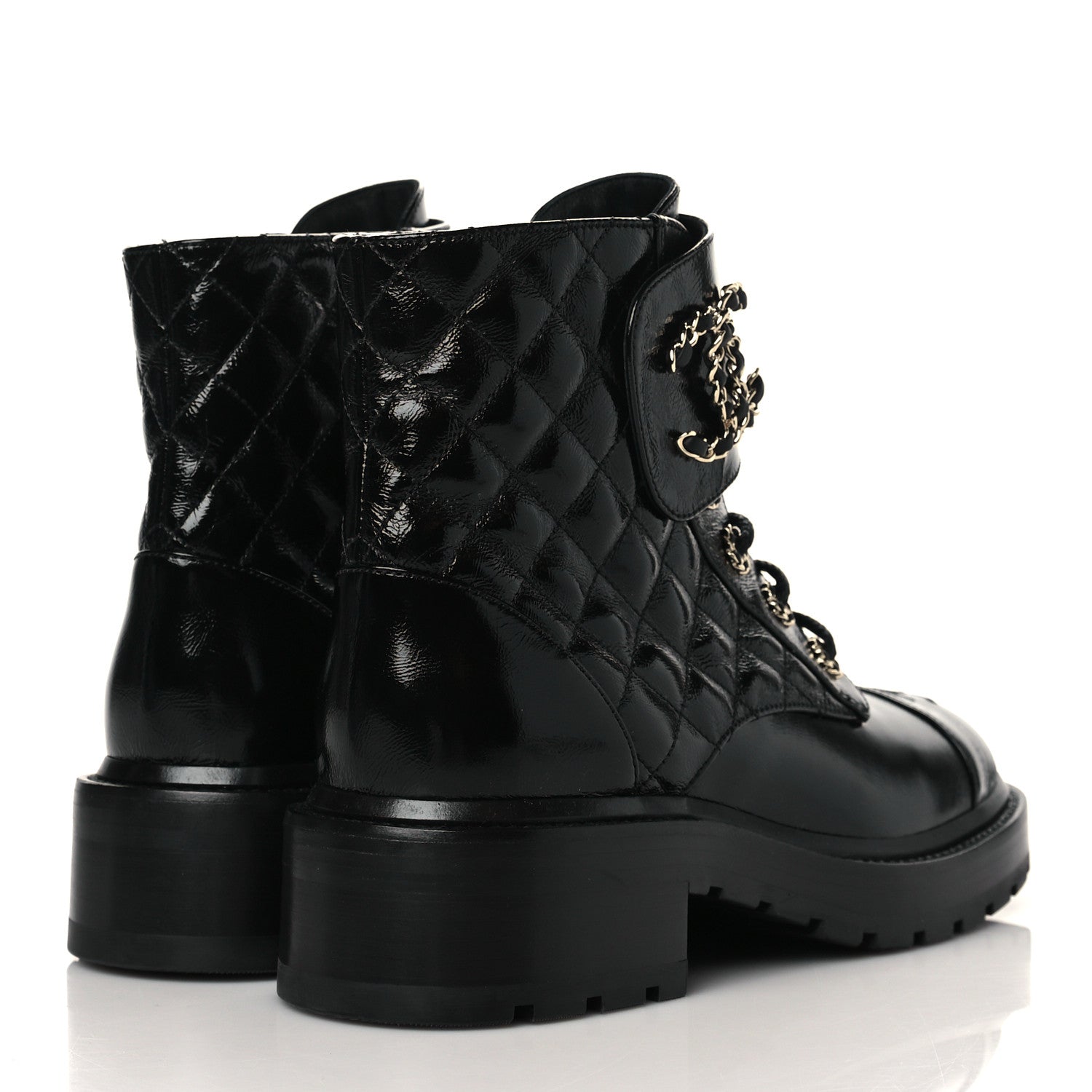 Chanel Shiny Calfskin Quilted Lace Up Combat Boots 37.5 Black 4 of 9