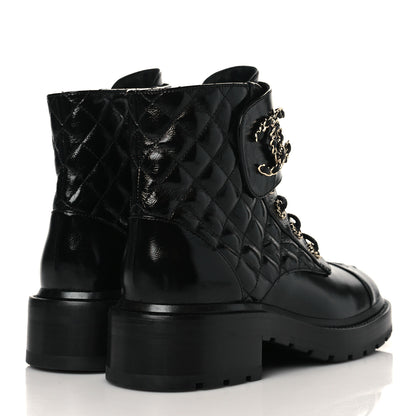 Chanel Shiny Calfskin Quilted Lace Up Combat Boots 37.5 Black 4 of 9