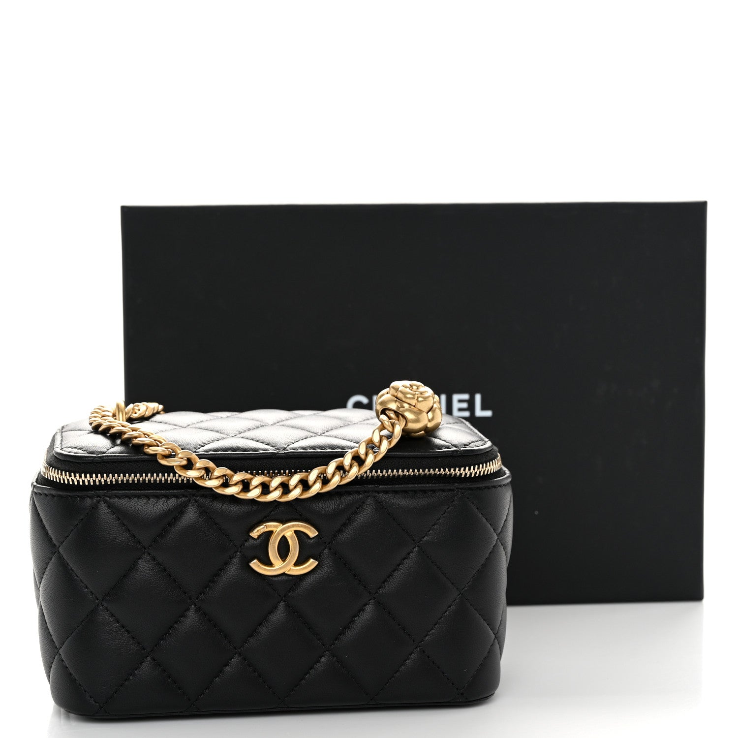 Chanel Lambskin Quilted Sweet Camellia Small Vanity Case With Chain Black 11 of 11