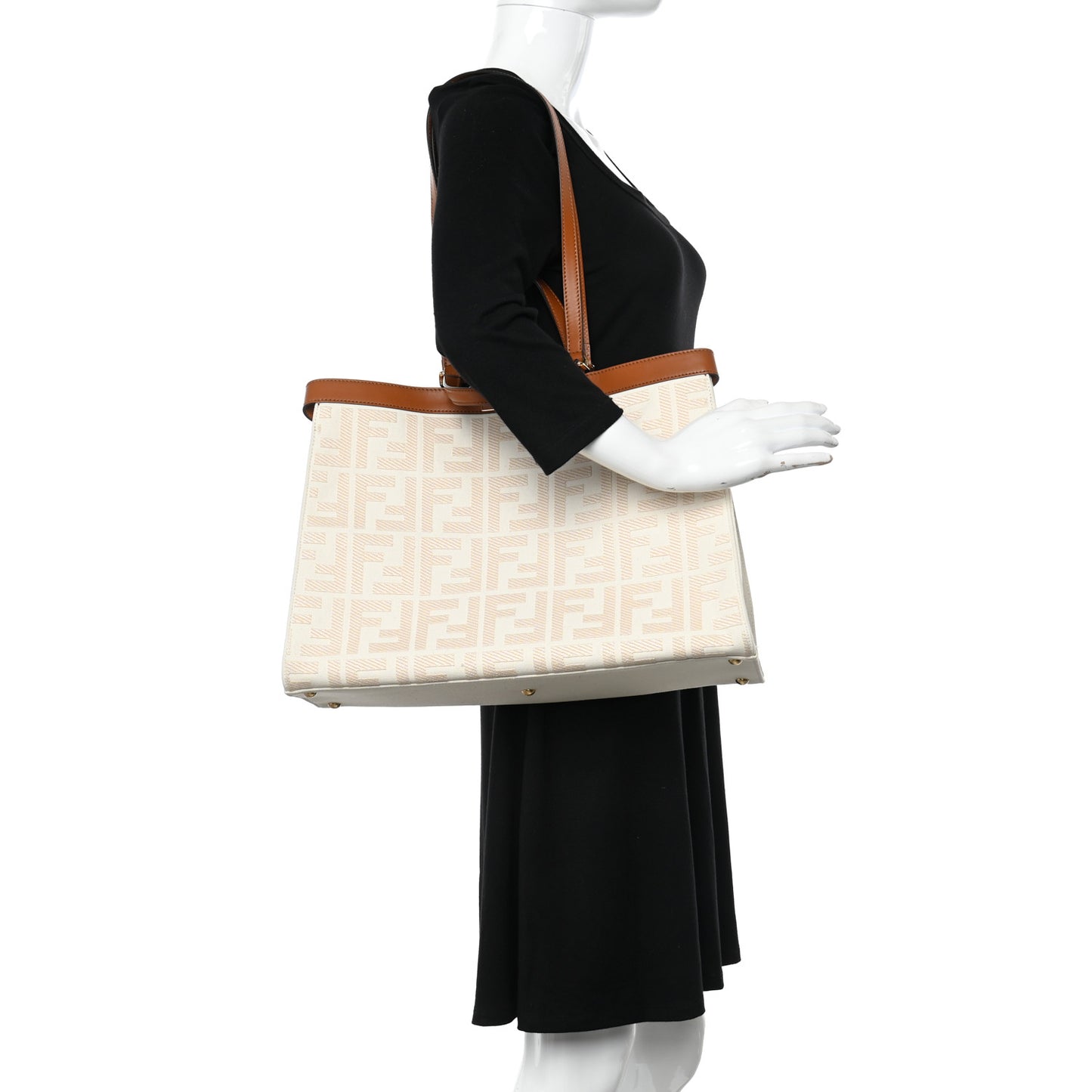 Canvas Vitello King FF Embroidered Medium Peekaboo X-Tote Grezzo Cuoio