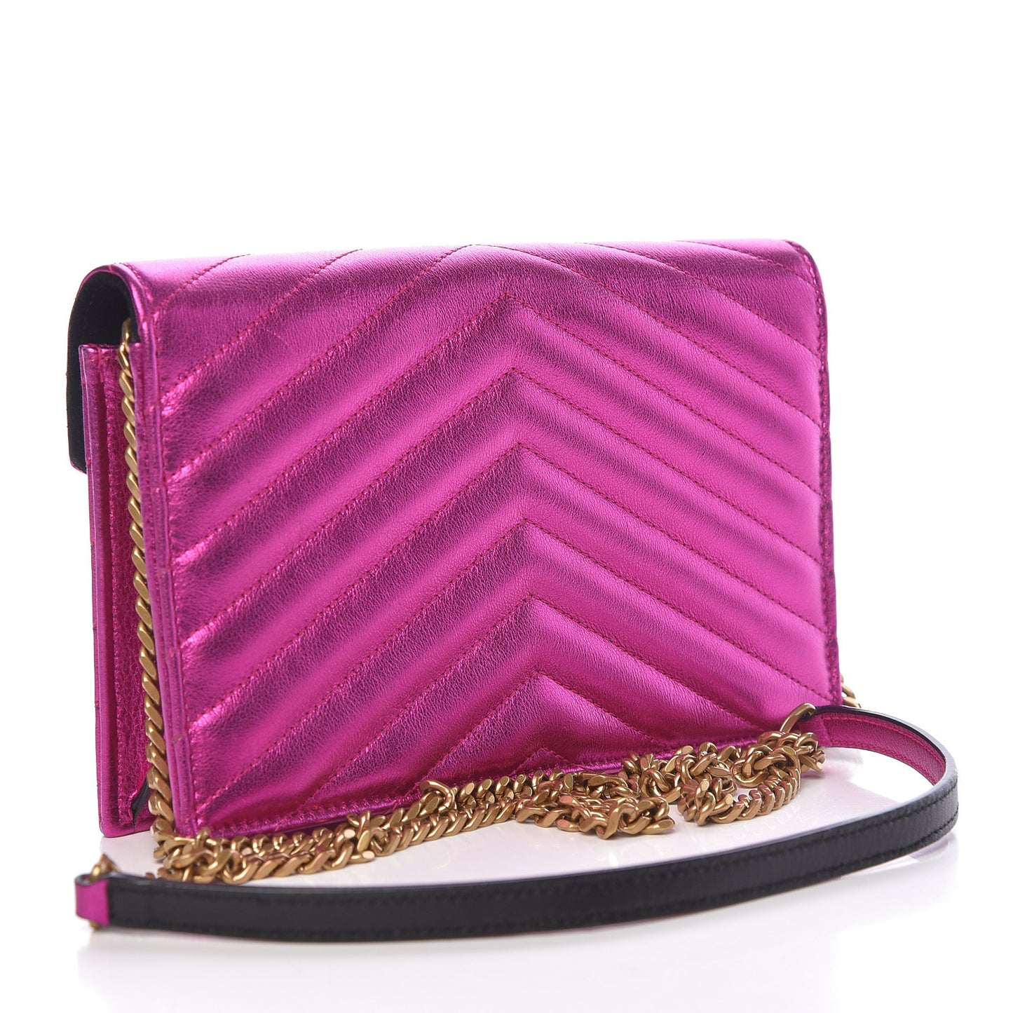 Metallic Calfskin Matelasse Chevron Monogram Envelope Chain Wallet Fuchsia