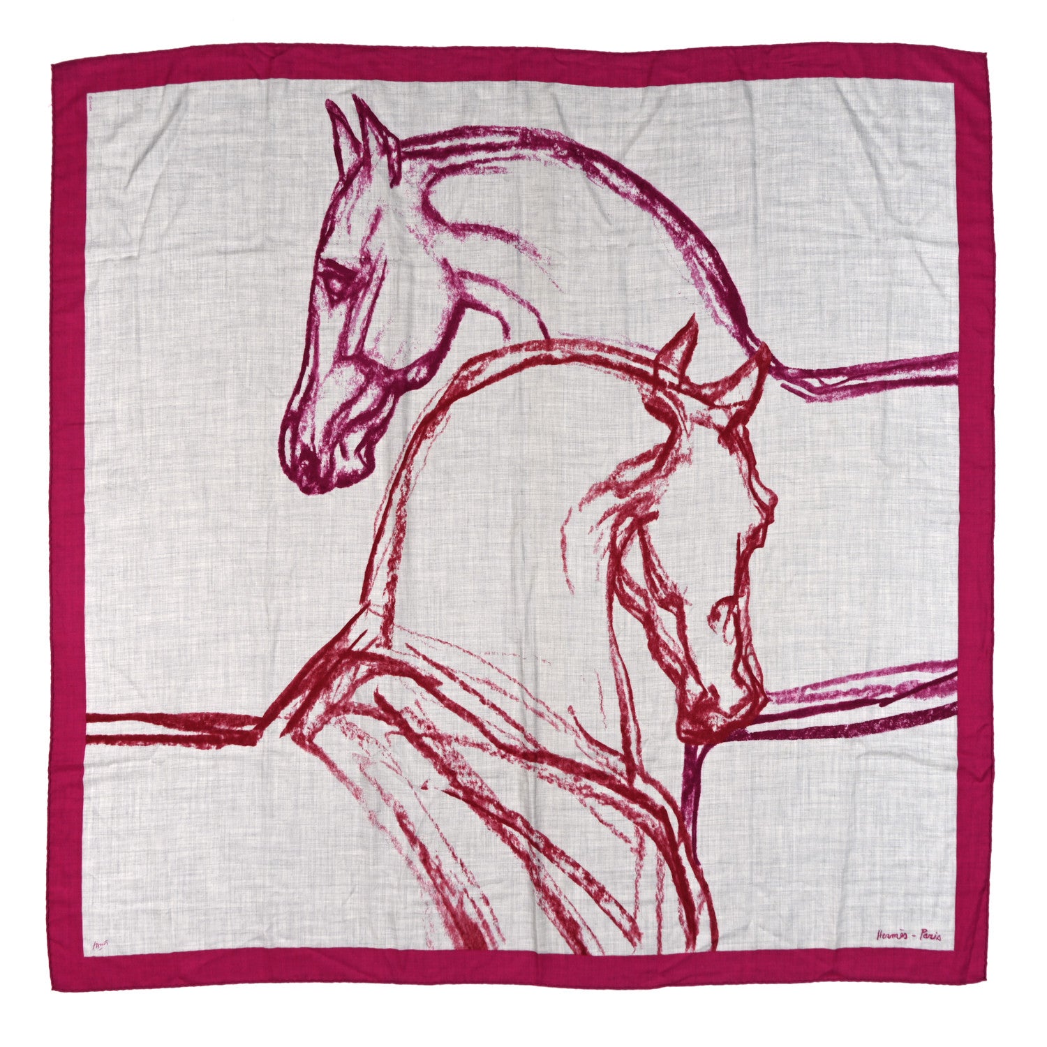 Hermes Cashmere Silk Chevaux Au Pre Shawl 140 Fuchsia 1 of 4
