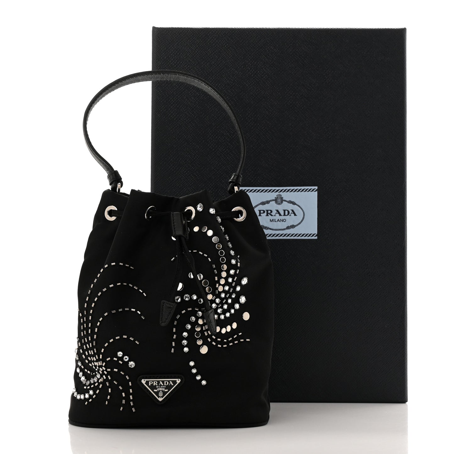 Tessuto Saffiano Ricamo Sequin Crystal Embellished Mini Re-Edition 1978 Bucket Bag Black