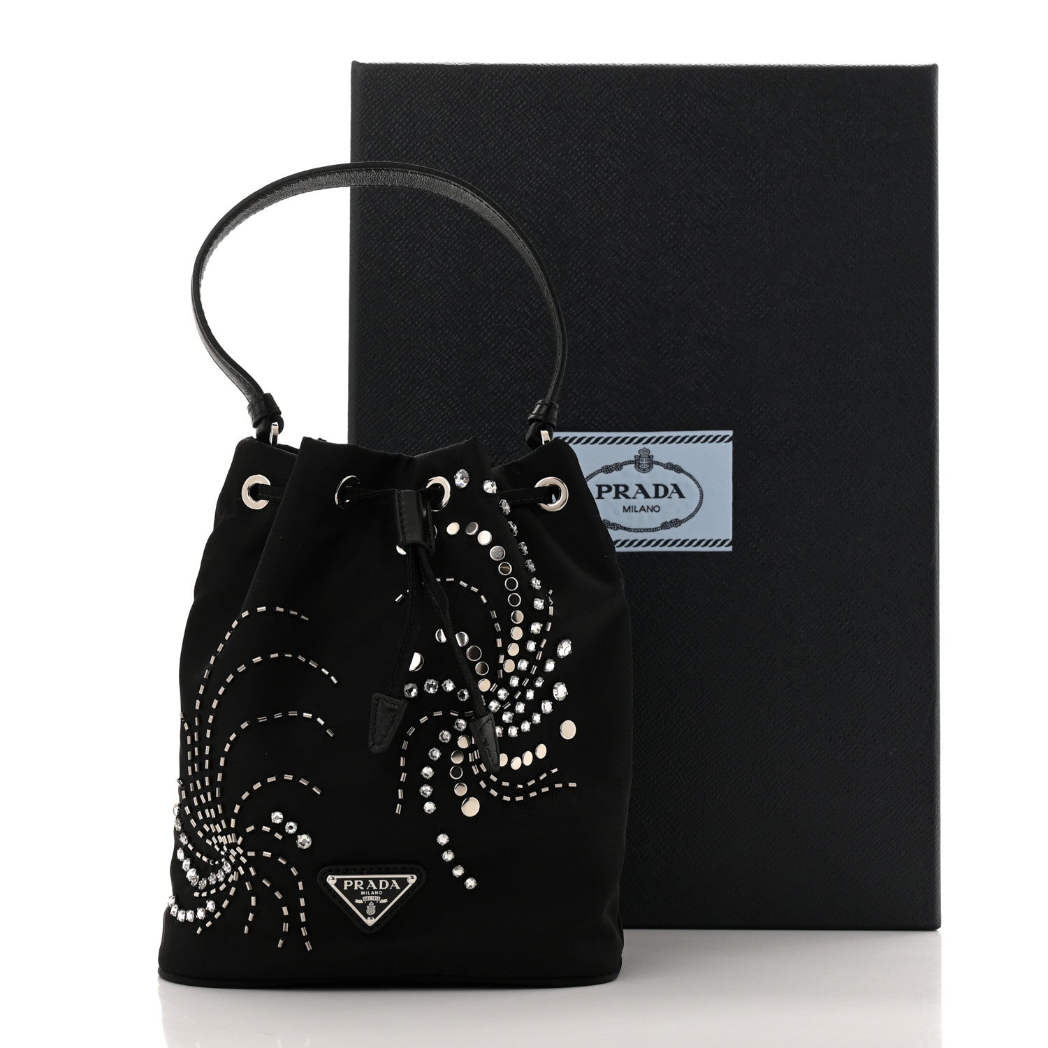 Prada Tessuto Saffiano Ricamo Sequin Crystal Embellished Mini Re-Edition 1978 Bucket Bag Black 12 of 12