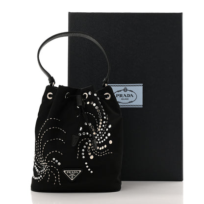 Prada Tessuto Saffiano Ricamo Sequin Crystal Embellished Mini Re-Edition 1978 Bucket Bag Black 12 of 12
