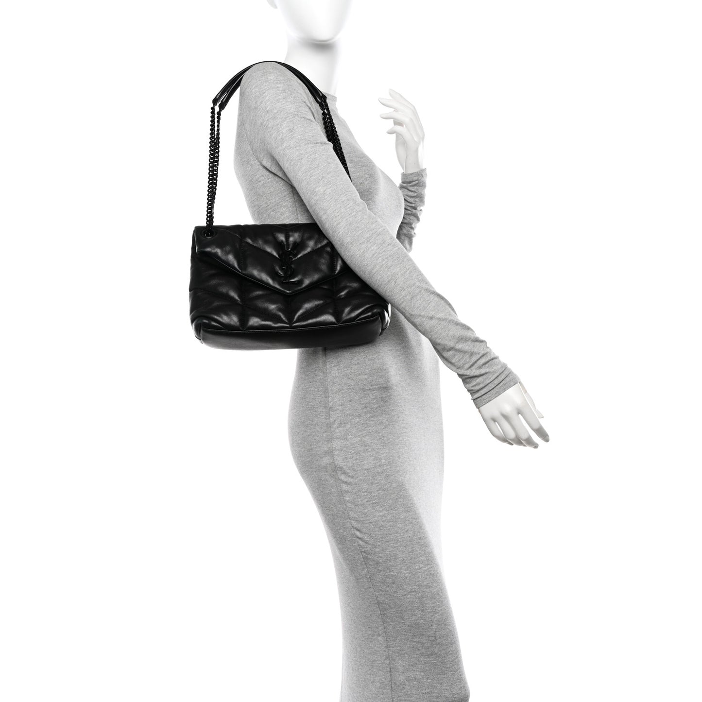 Lambskin Quilted Monogram Monochrome Small Loulou Puffer Chain Satchel Black
