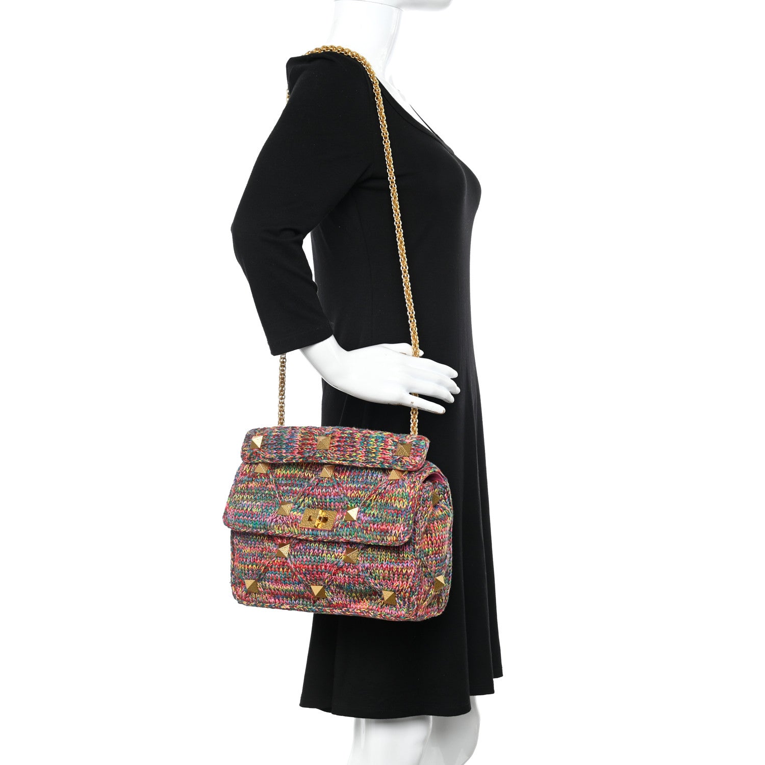 Valentino Garavani Wool Woven Large Roman Stud Shoulder Bag Multicolor Feminine Pink 2 of 9