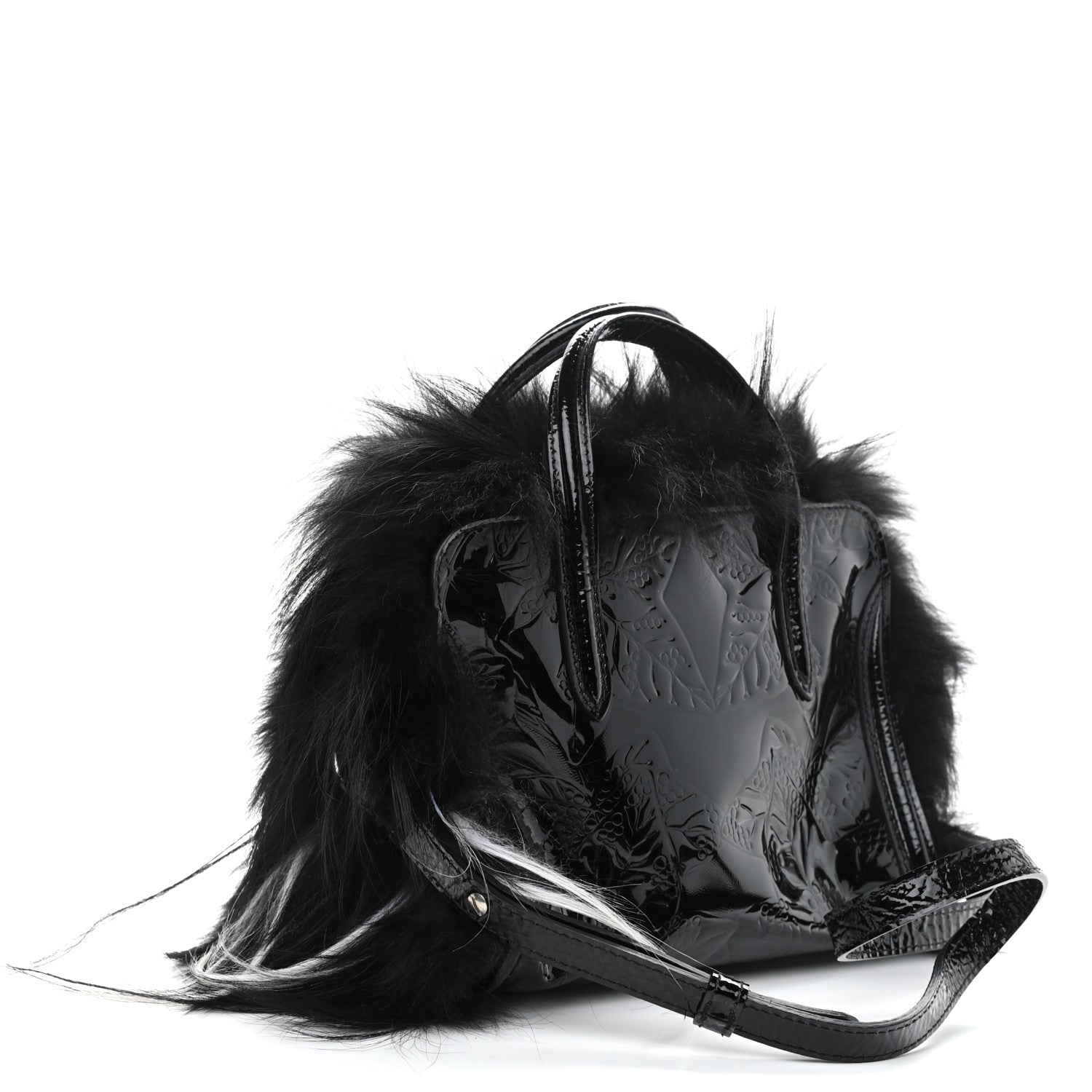 Alexander McQueen Patent Faux Fur Mini Skull Padlock Zip Around Tote Black 3 of 10