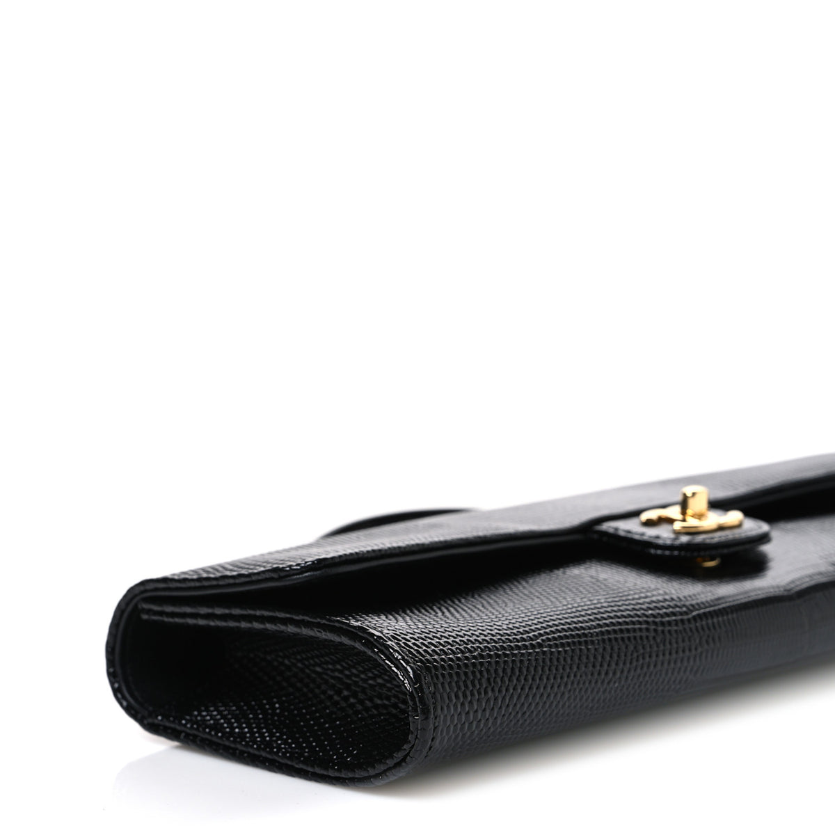 Calfskin Lizard Embossed Top Handle Long Clutch With Chain Black