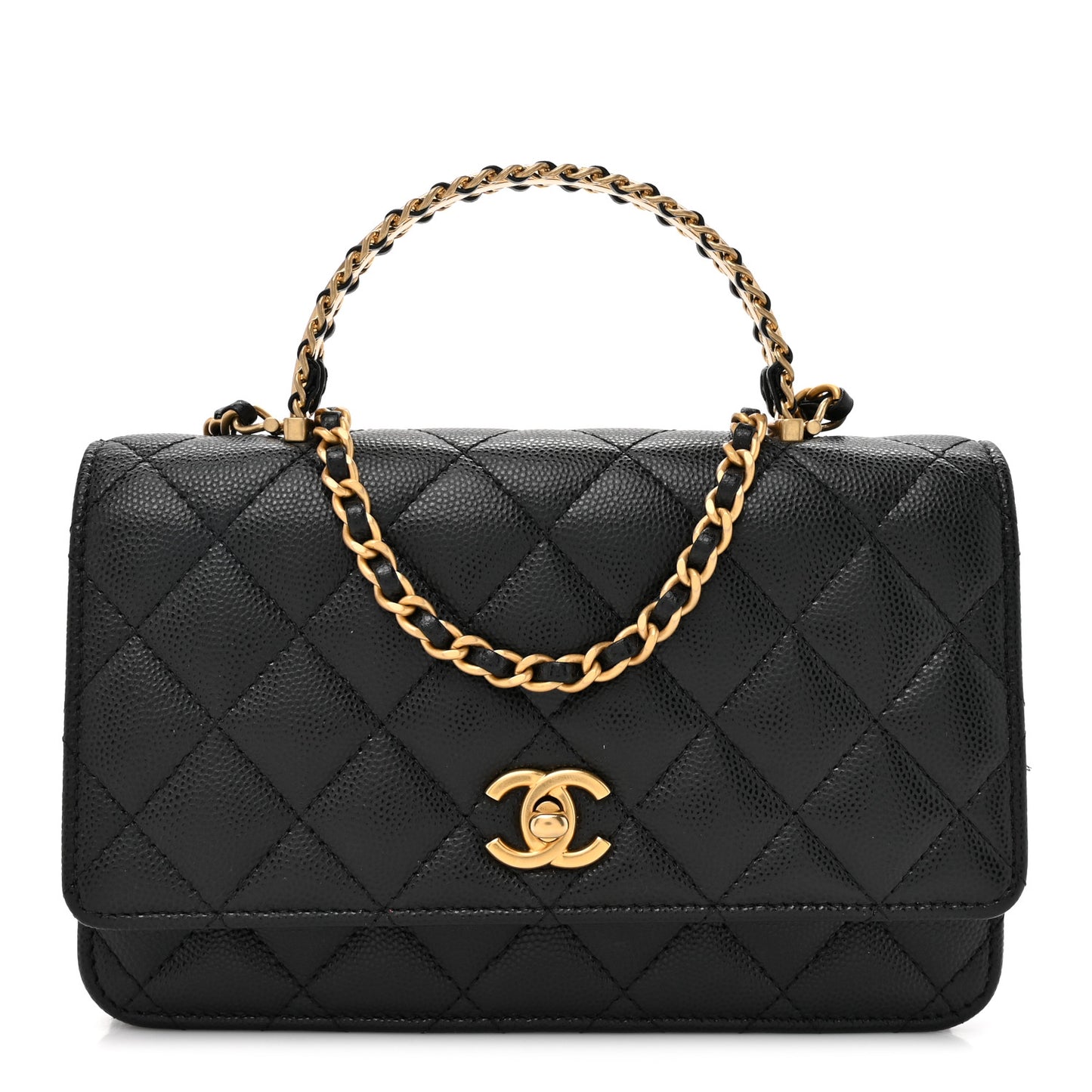 Shiny Caviar Quilted Pick Me Up Wallet On Chain WOC Black