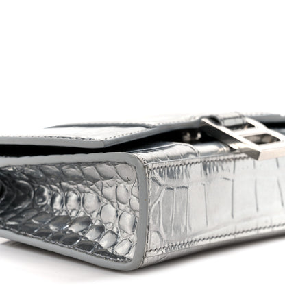Balenciaga Shiny Calfskin Crocodile Embossed Hourglass Chain Bag Silver 10 of 11