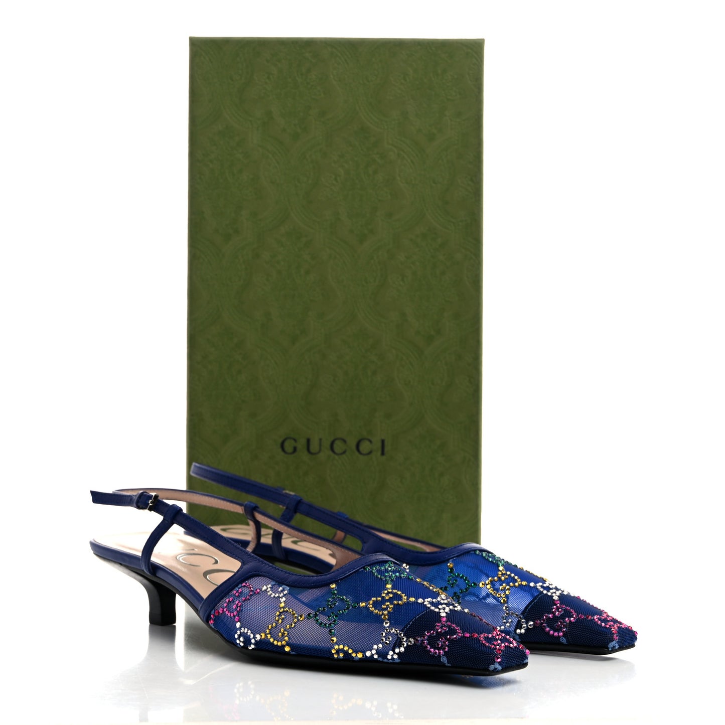 Tela Retino Nappa Charlotte Crystal GG Monogram Square G 35mm Slingback Pumps 37.5 Splash Net Blue Witch