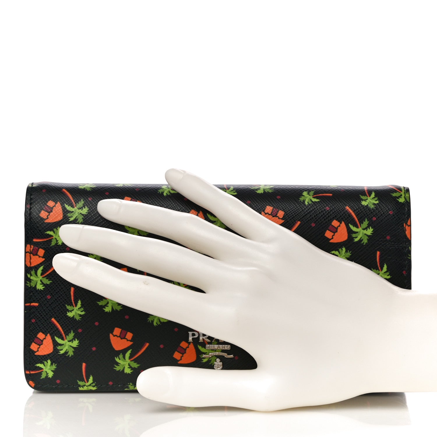 Prada Saffiano Palm Tree Print Chain Wallet Black 2 of 10