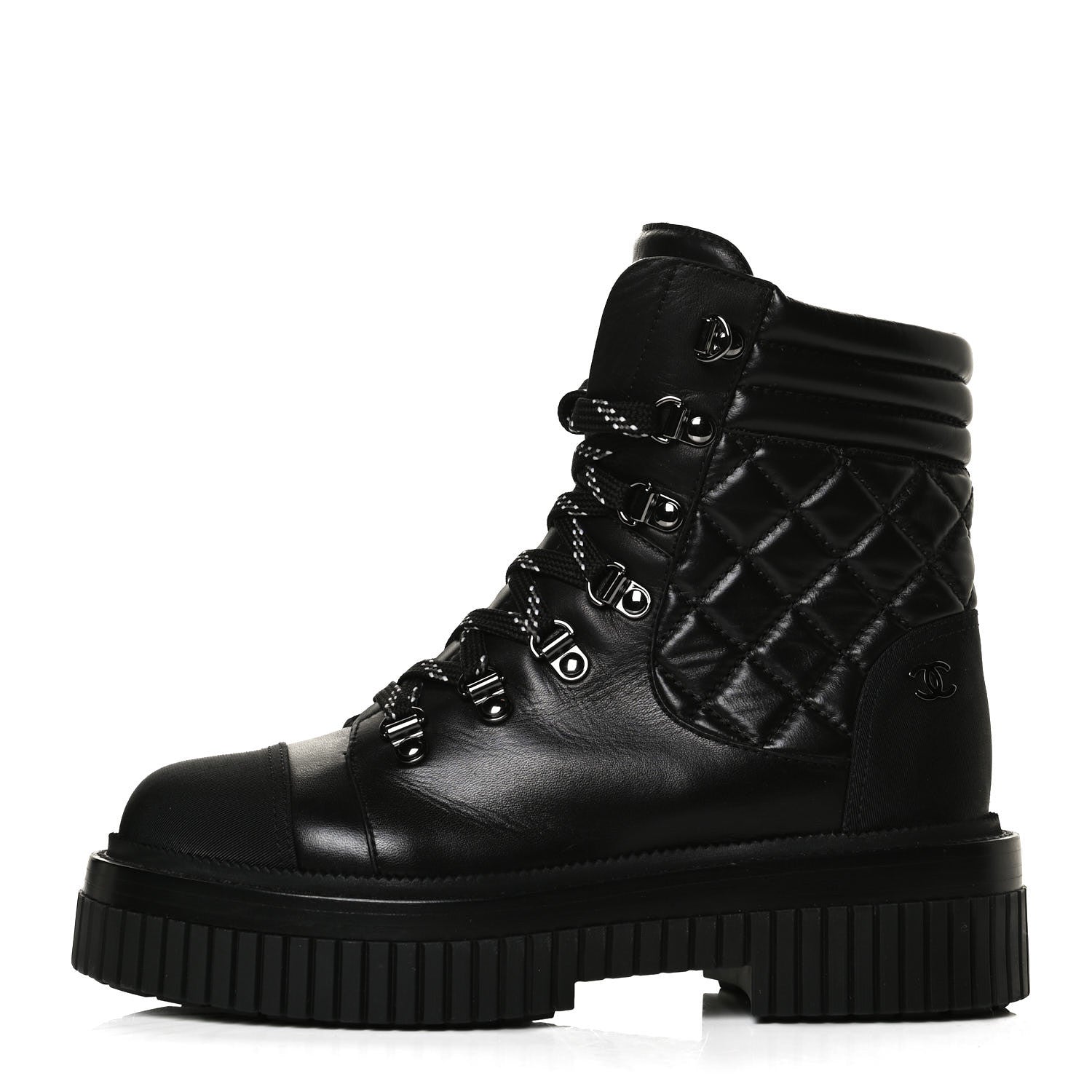 Chanel Calfskin Grosgrain Quilted Lace Up Boots 36.5 Black Grey 1 of 10