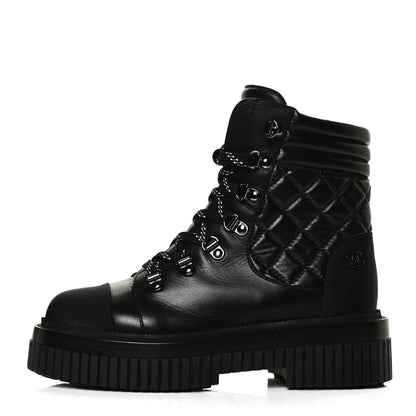 Chanel Calfskin Grosgrain Quilted Lace Up Boots 36.5 Black Grey 1 of 10