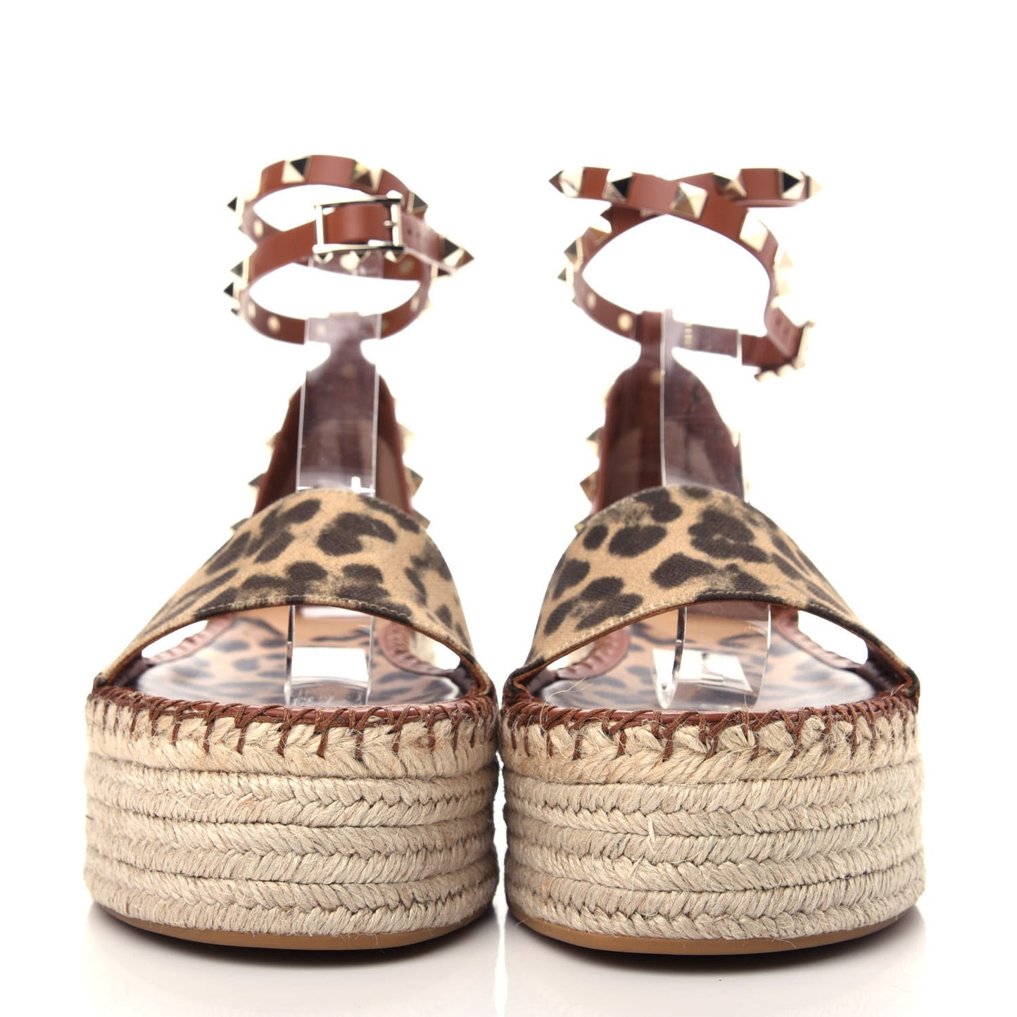 Canvas Leopard Print Rockstud Ankle Wrap Espadrille Flatform Sandals 38 Brown