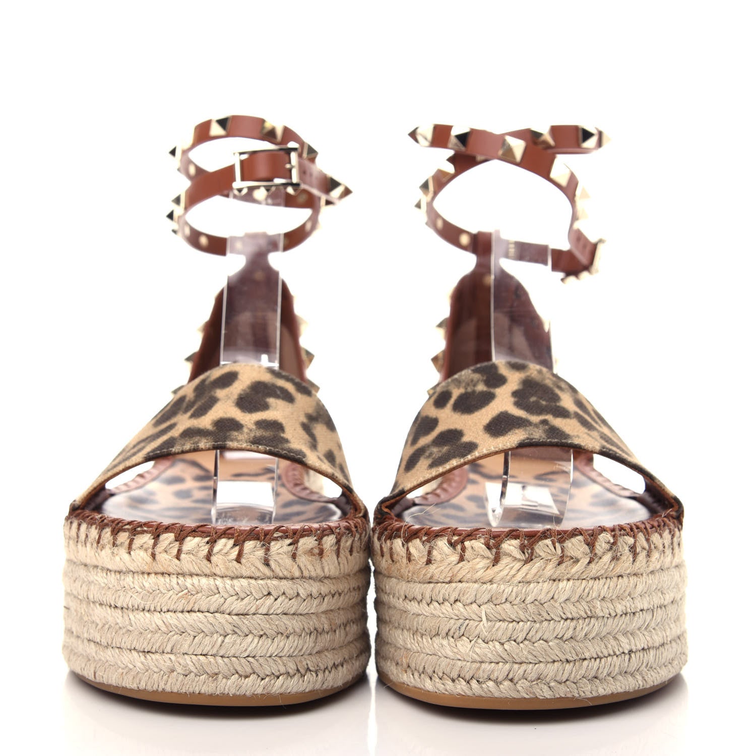 Valentino Garavani Canvas Leopard Print Rockstud Ankle Wrap Espadrille Flatform Sandals 38 Brown 2 of 11
