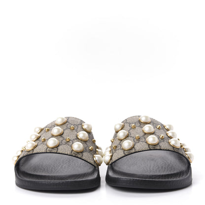 Gucci GG Supreme Monogram Pearls Slide Sandals 37 Beige 2 of 9