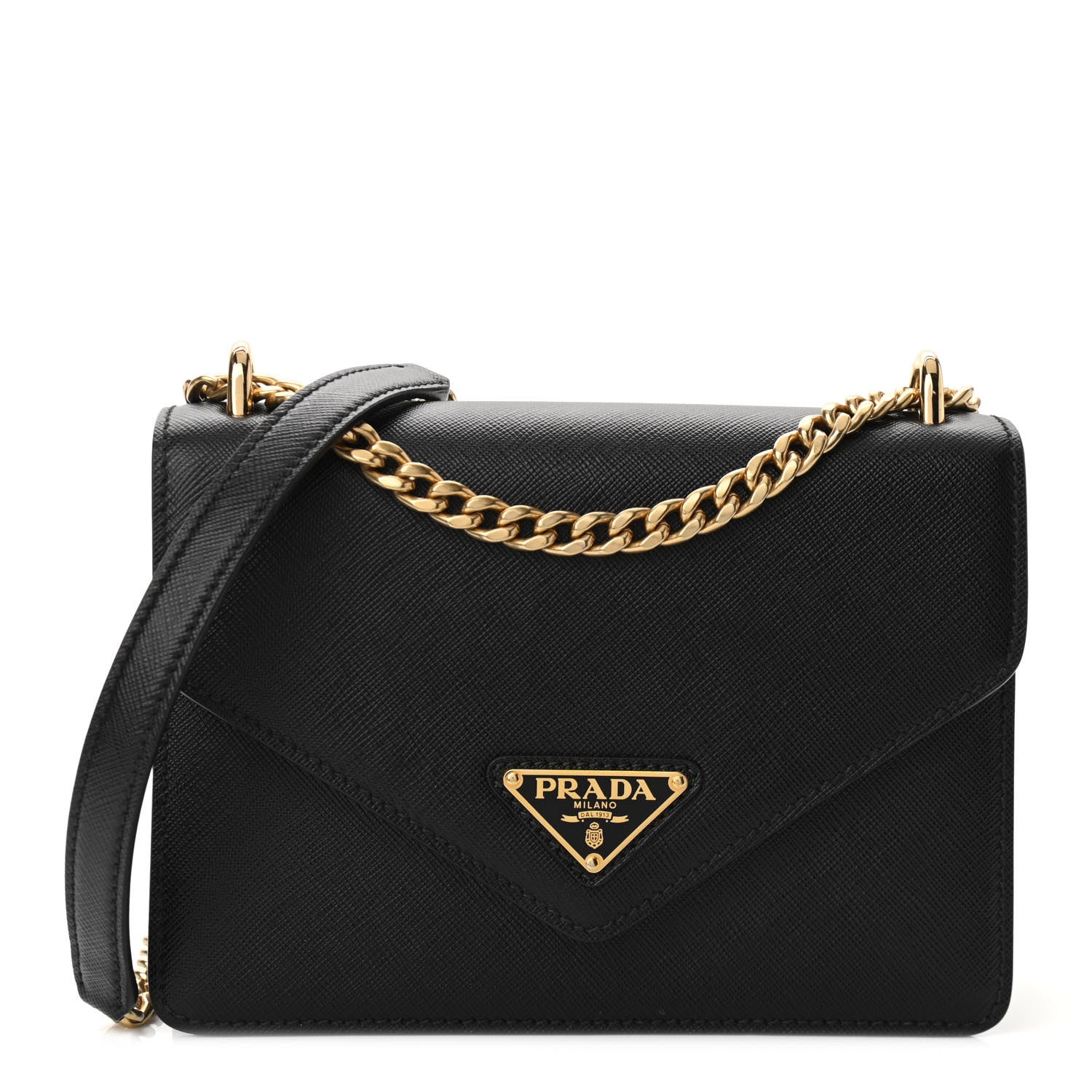 Prada Saffiano Soft Calfskin Metal Triangle Logo Envelope Chain Shoulder Bag Black 1 of 10