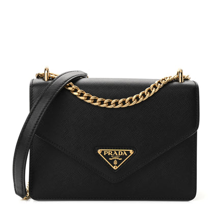 Prada Saffiano Soft Calfskin Metal Triangle Logo Envelope Chain Shoulder Bag Black 1 of 10