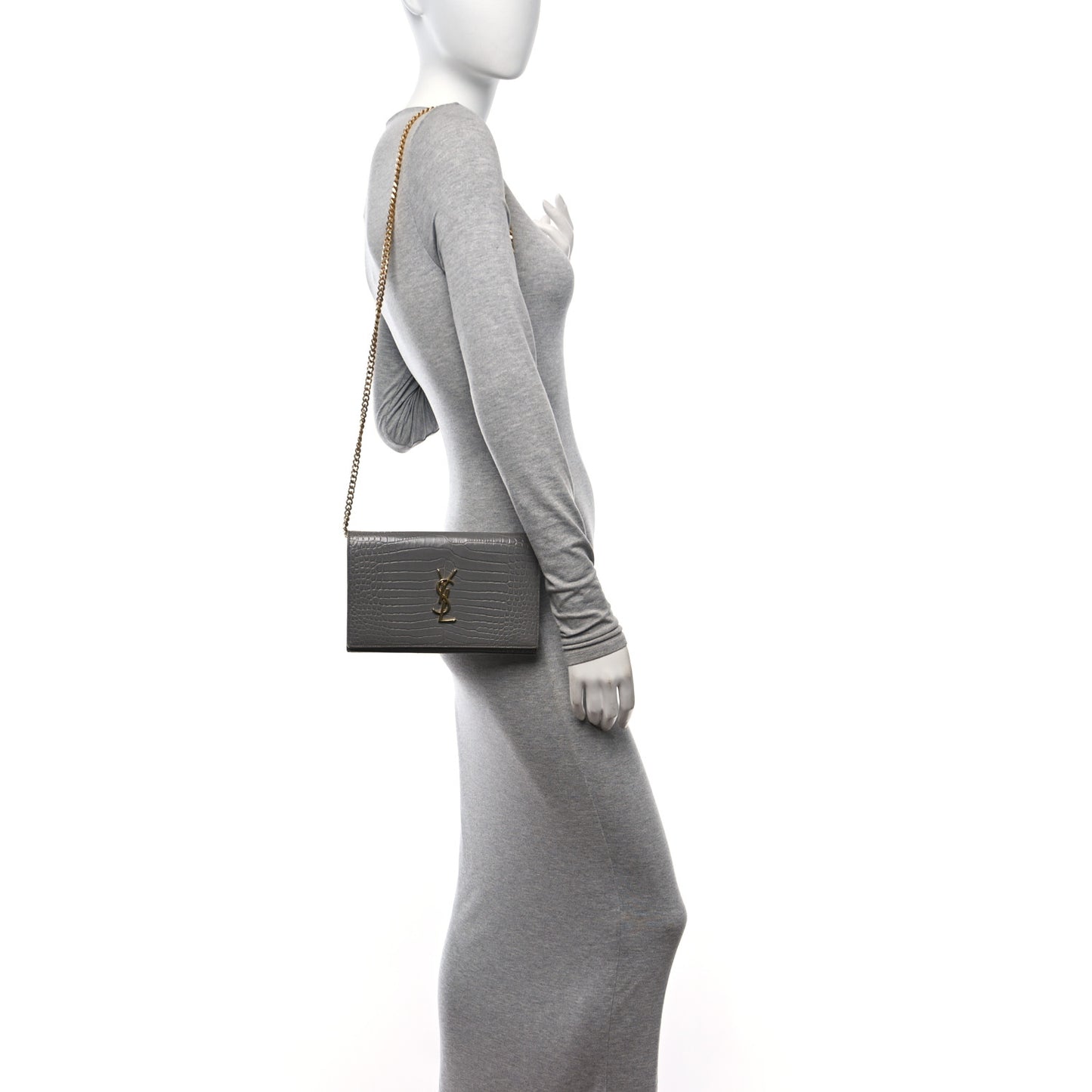 Calfskin Crocodile Embossed Monogram Chain Wallet Fog