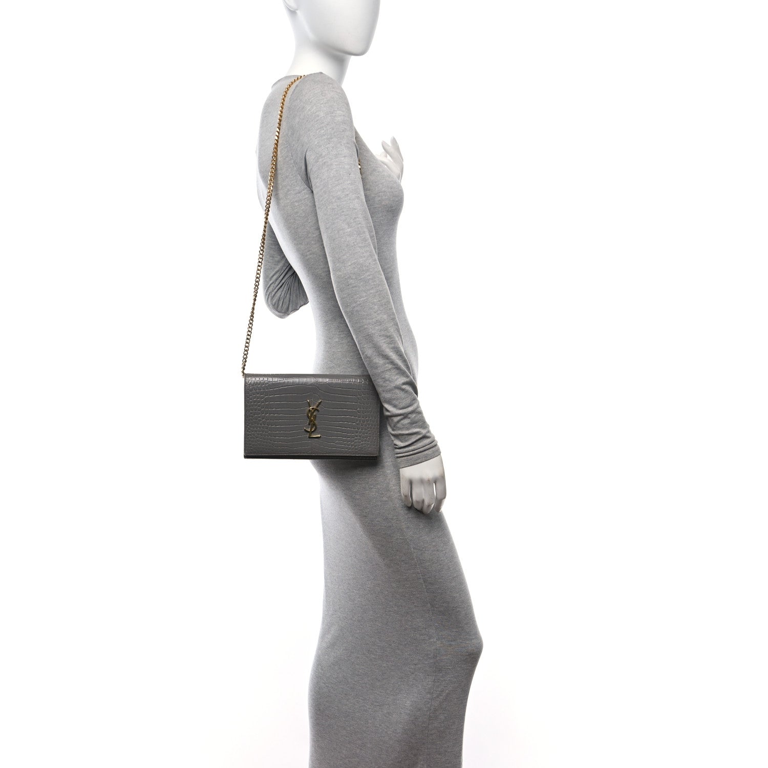 Saint Laurent Calfskin Crocodile Embossed Monogram Chain Wallet Fog 3 of 11