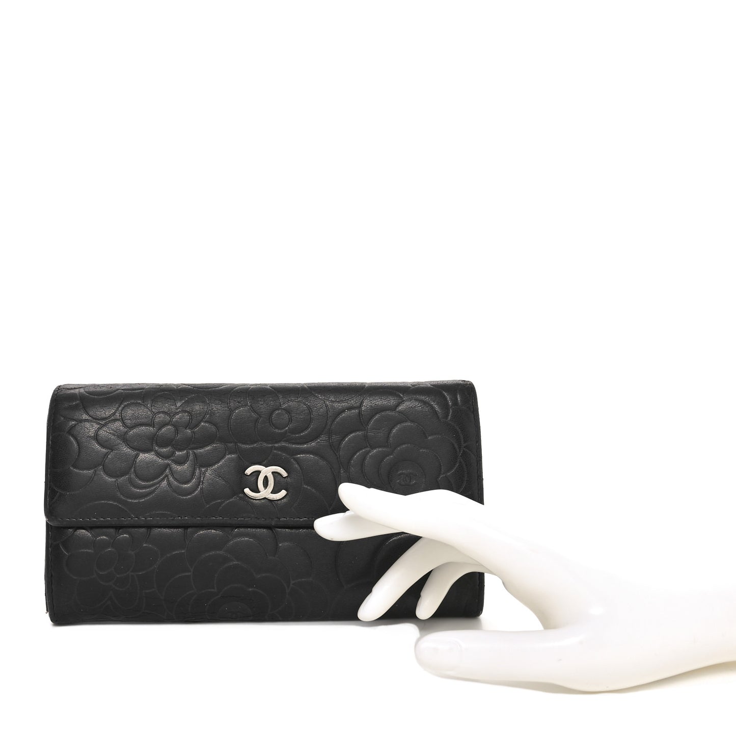 Lambskin Camellia Embossed Large Gusset Flap Wallet Black