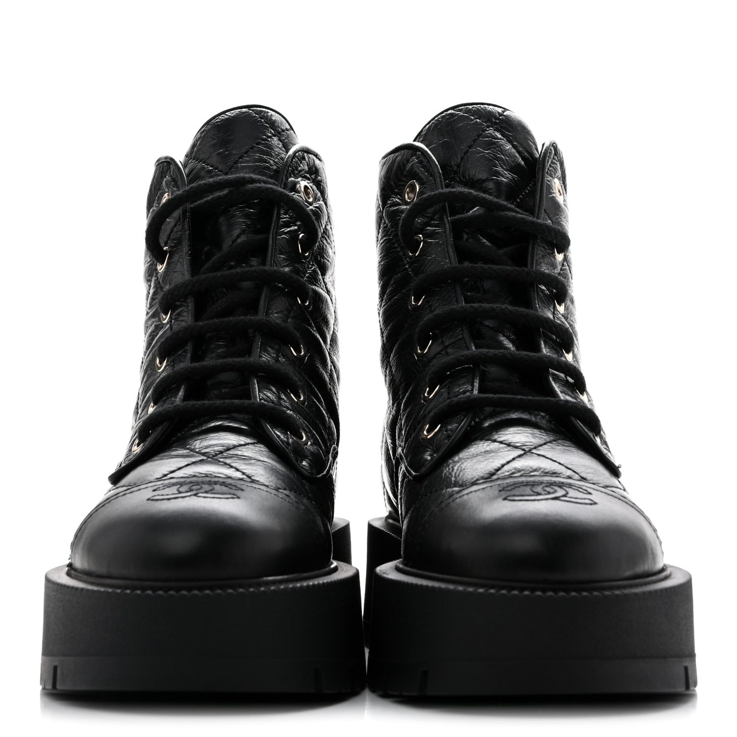 Shiny Calfskin Quilted Lace Up Combat Boots 37.5 Black