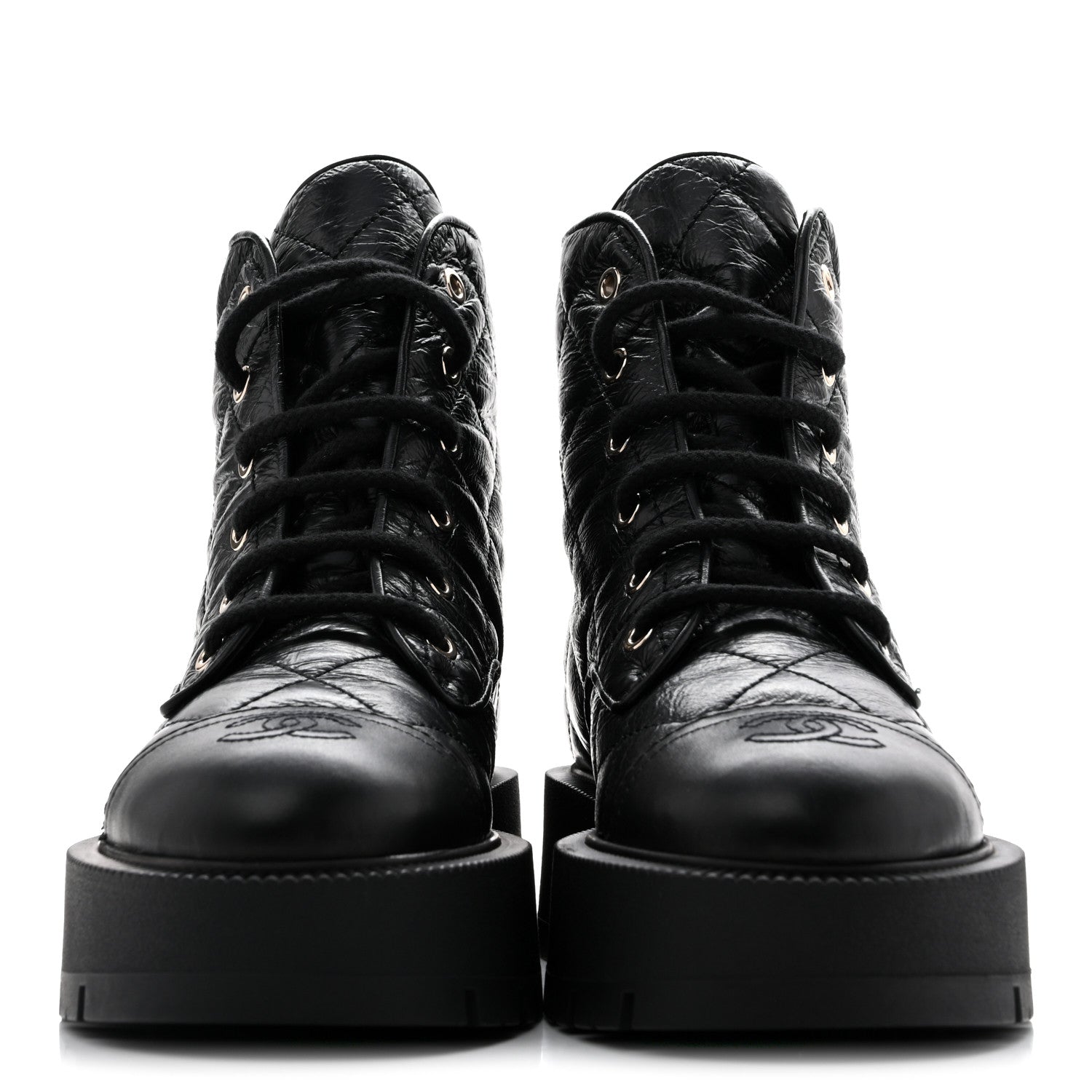 Chanel Shiny Calfskin Quilted Lace Up Combat Boots 37.5 Black 4 of 11