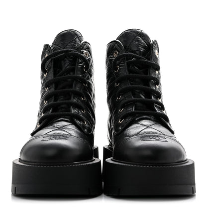 Chanel Shiny Calfskin Quilted Lace Up Combat Boots 37.5 Black 4 of 11