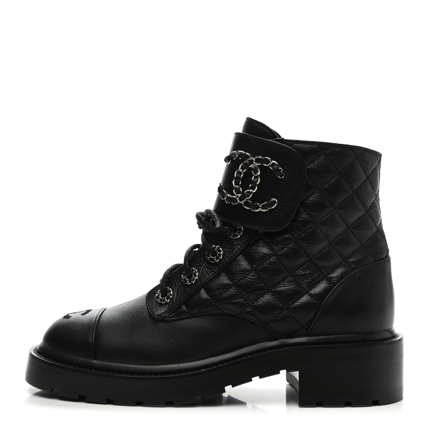 Shiny Goatskin Calfskin Quilted Lace Up Combat Boots 38 Black