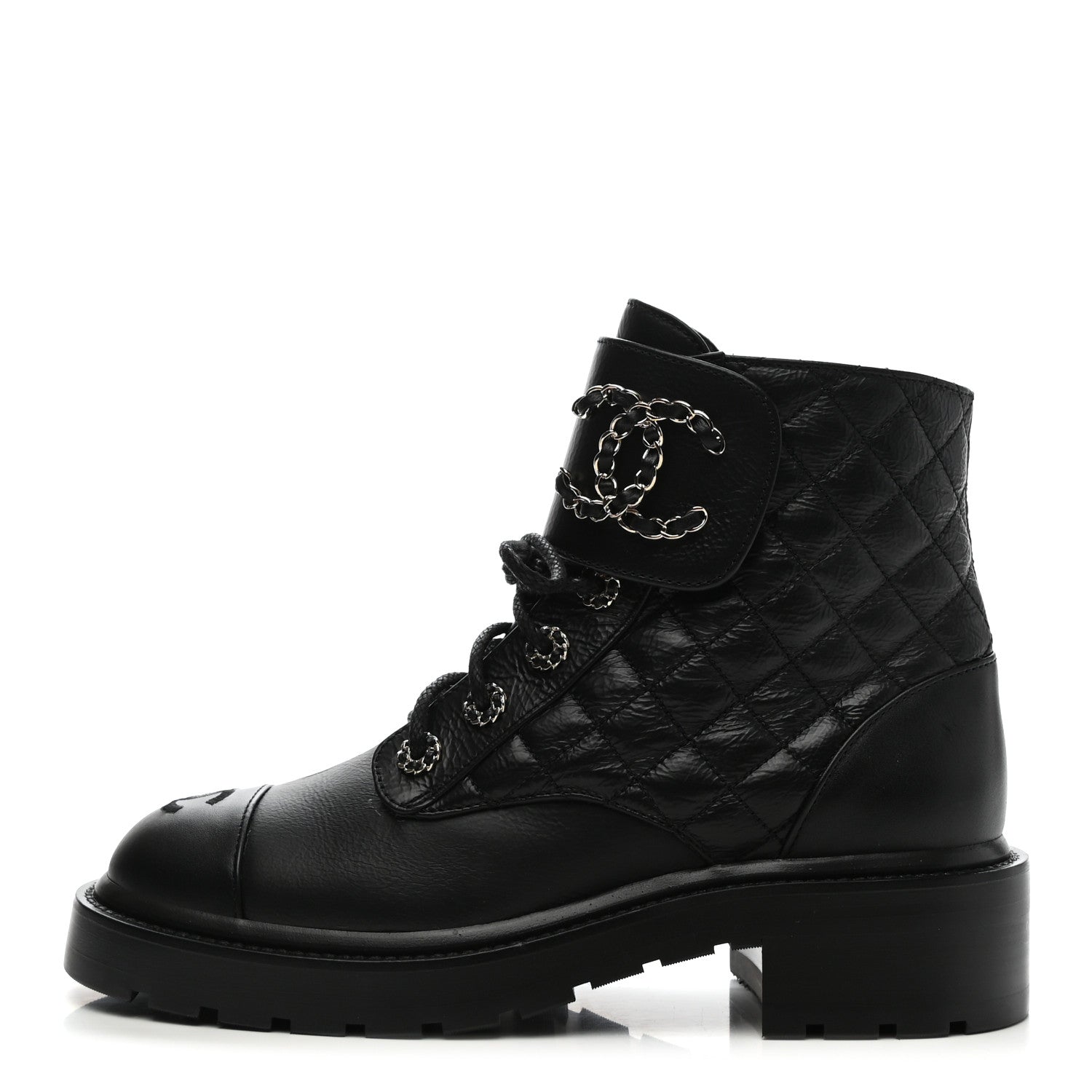 Chanel Shiny Goatskin Calfskin Quilted Lace Up Combat Boots 38 Black 1 of 8