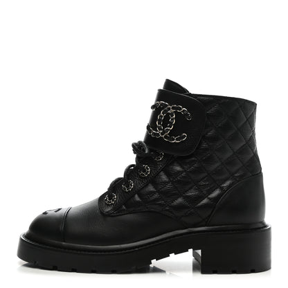 Chanel Shiny Goatskin Calfskin Quilted Lace Up Combat Boots 38 Black 1 of 8