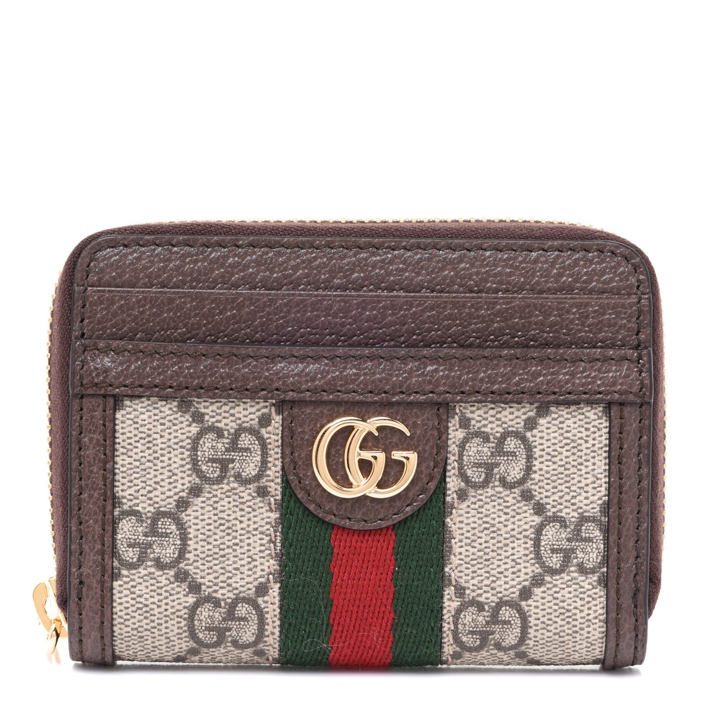 GG Supreme Monogram Textured Dollar Calfskin Web Ophidia Zip Around Card Case Wallet Beige Ebony New Acero
